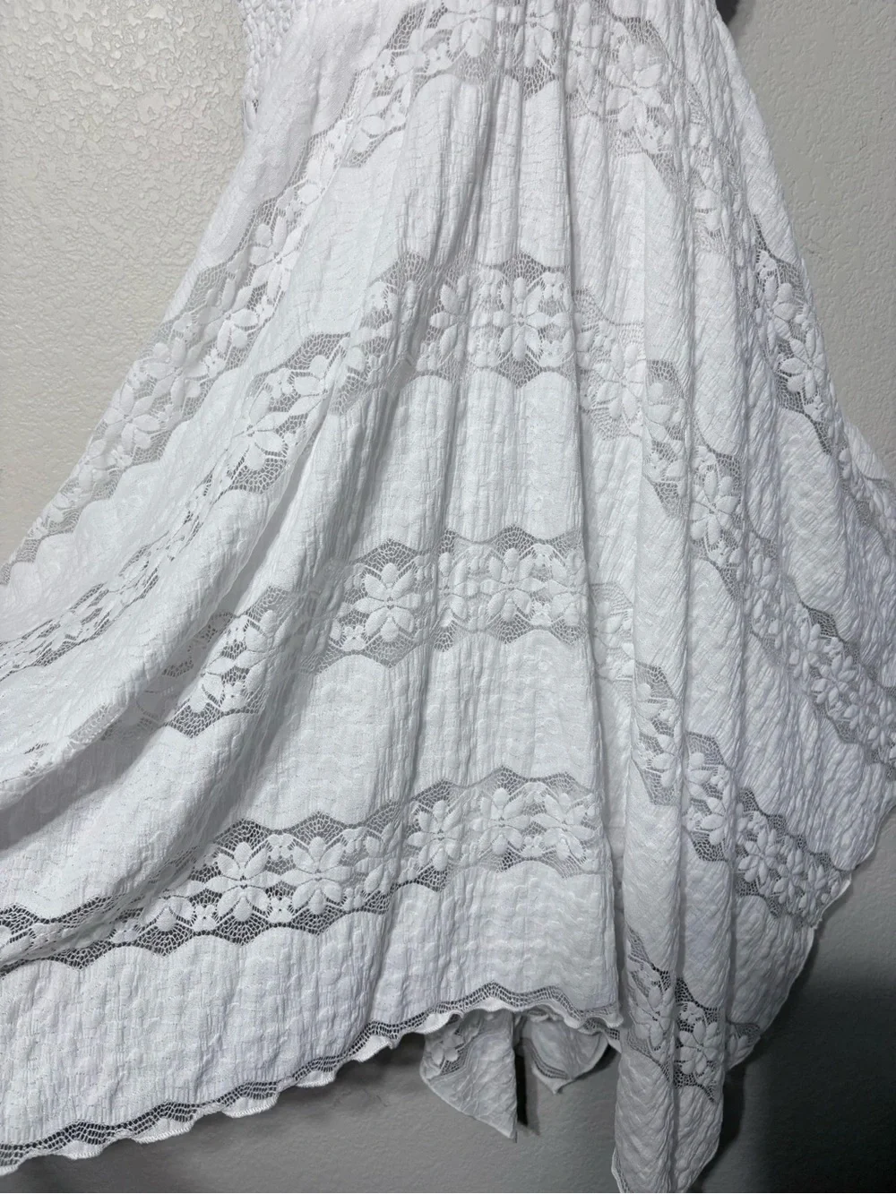Rabbit White Lace Ethereal Boho Dress Handkerchief Hem Dolman Flutter Sleeves